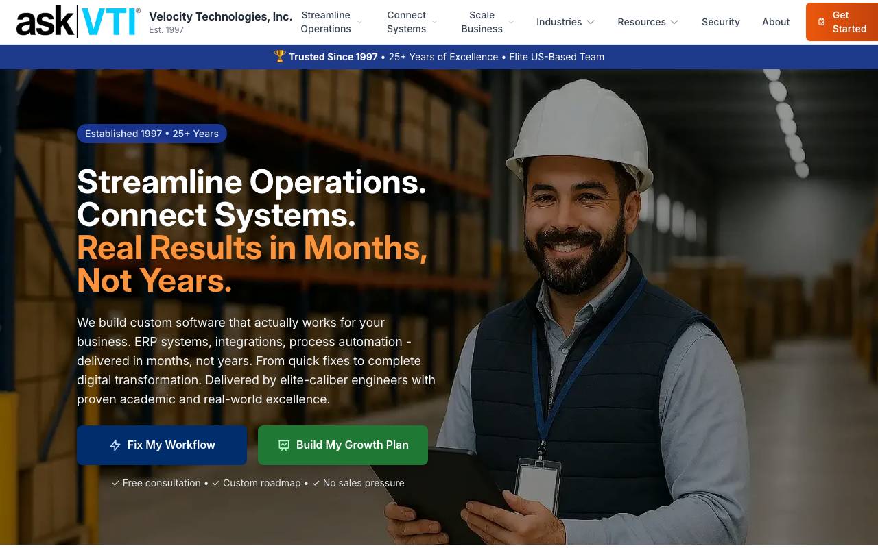 Velocity Technologies, Inc. website — Home — captured