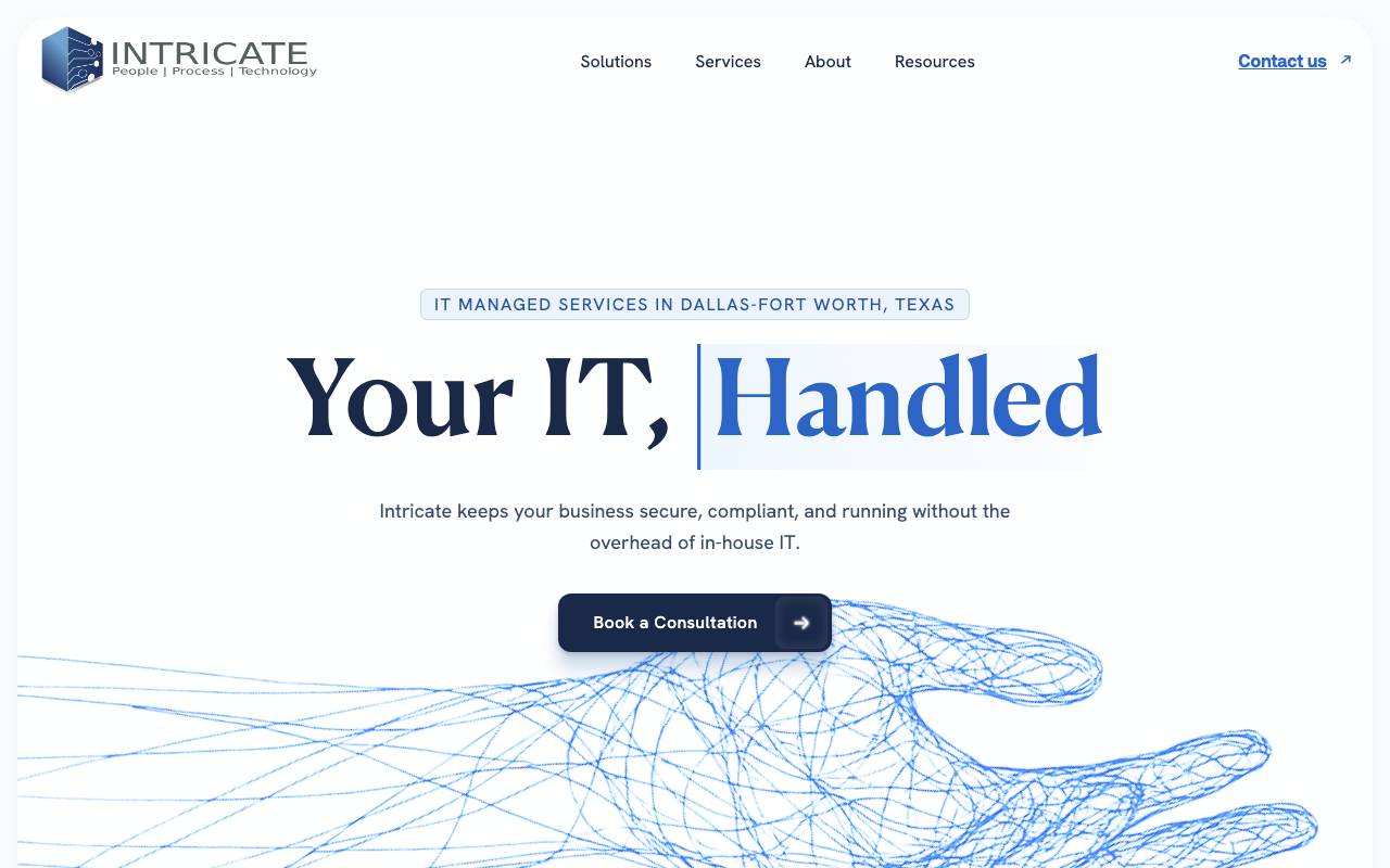 Intricate Solutions website — Home — captured