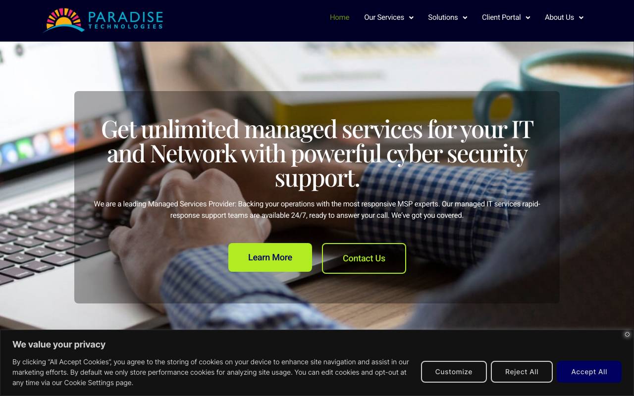 Paradise Technologies, Inc website — Home — captured