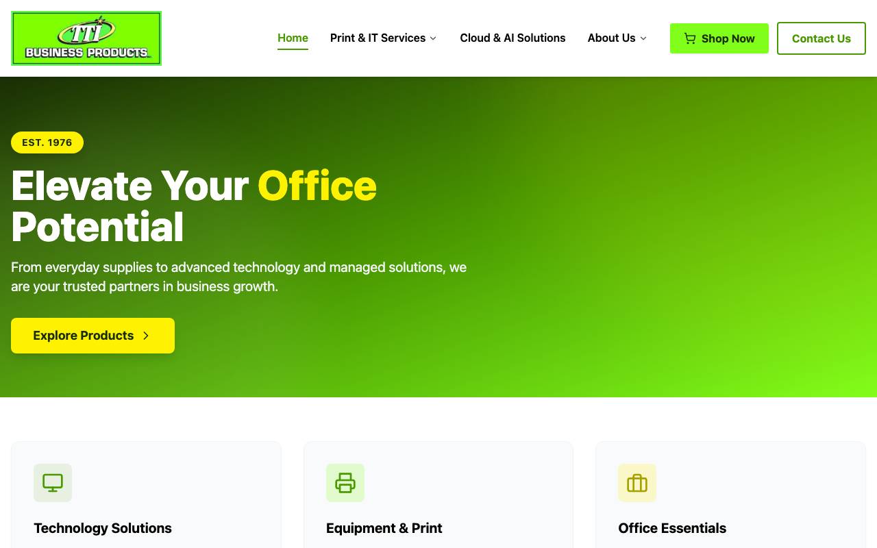 TTI Business Products & Solutions website — Home — captured